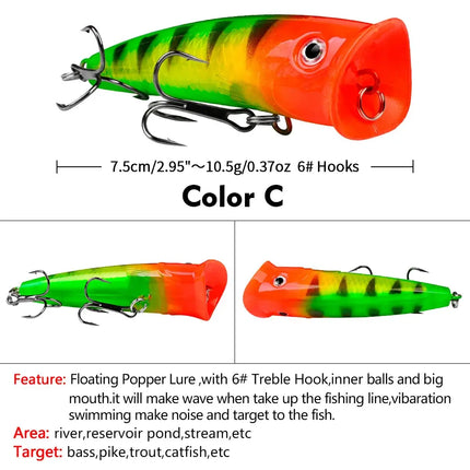 Topwater Popper Lure 7.5cm 10.5g Plastic Fishing Lure Hard Artificial Bass Bait Fishing Tackle Lureswholesale