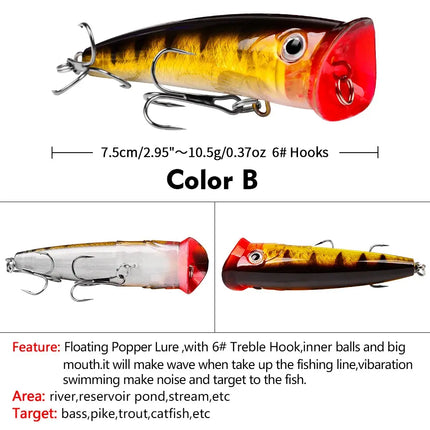 Topwater Popper Lure 7.5cm 10.5g Plastic Fishing Lure Hard Artificial Bass Bait Fishing Tackle Lureswholesale