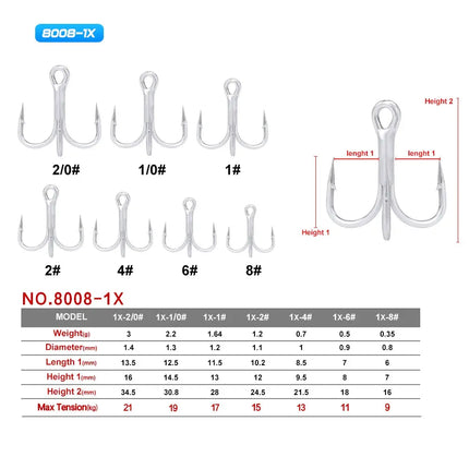 Treble Fishing Hooks 4X 8008 High Carbon Steel Hooks 2# 4# 6# 8# 10# High Strength Hooks Tackle 50pcs/box Lureswholesale